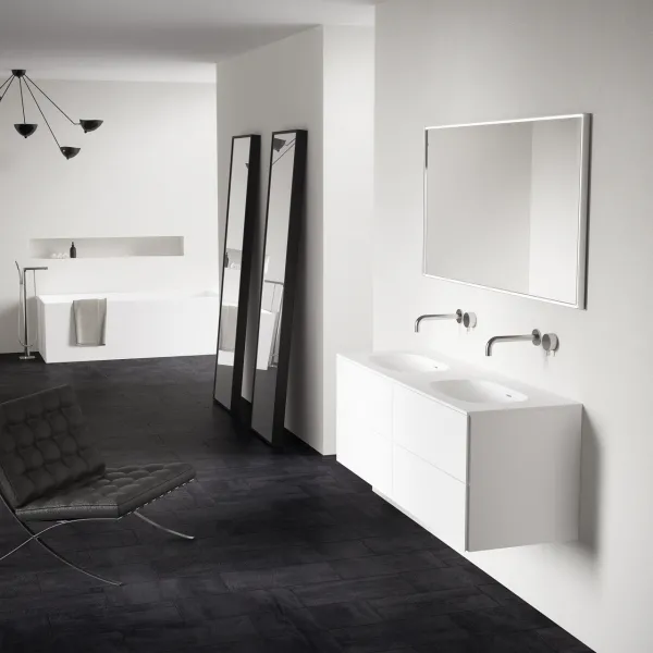 Block Soft 140D - Baderomsmøbel 140x46 cm, matt hvit med SolidTec® dobbel servant