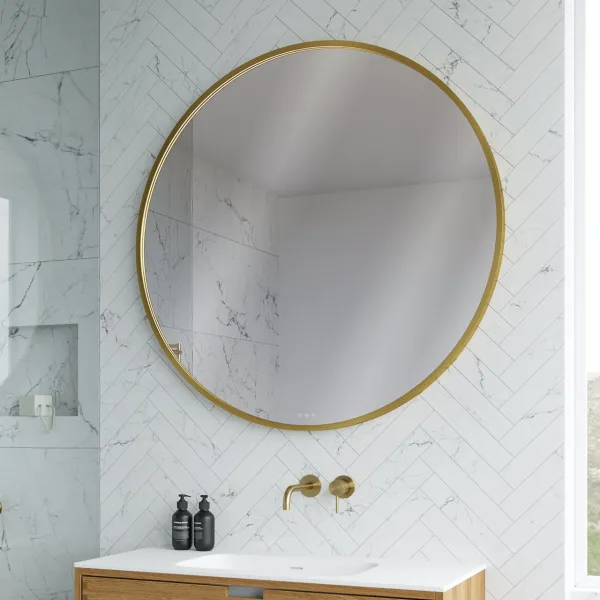 Pulcher Mood 1 PM1-110 - Ø110 cm duggfritt speil med lys og lyskontroll, børstet messing