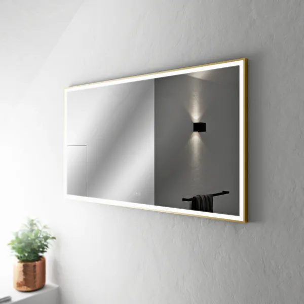 Pulcher Soho Mirror PSM-1480 - 140x80 cm. Speil med lys og lyskontroll, matt messingfarget ramme