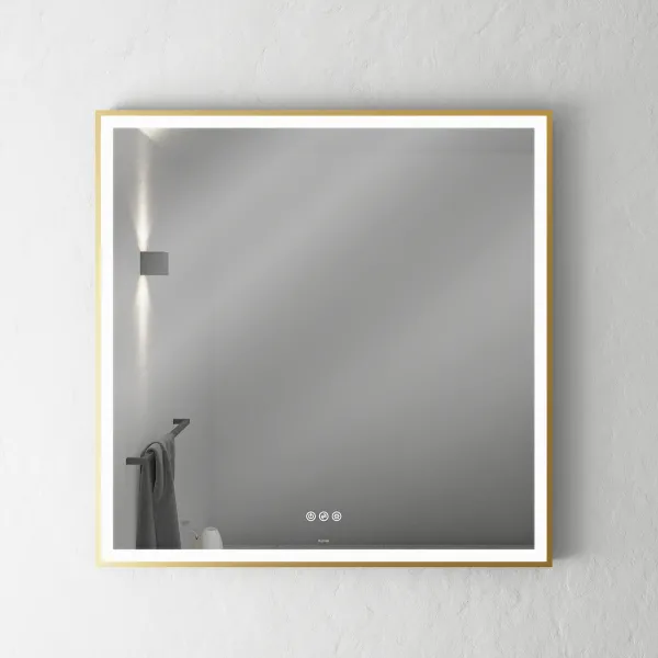 Pulcher Soho Mirror PSM-8080 - 80x80 cm. Speil med lys og lyskontroll, matt messingfarget ramme