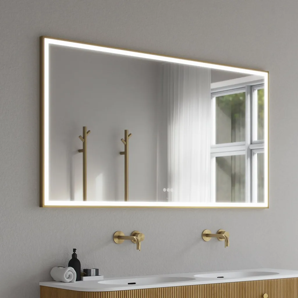 Pulcher Soho Mirror PSM-1480 - 140x80 cm. Speil med lys og lyskontroll, matt messingfarget ramme