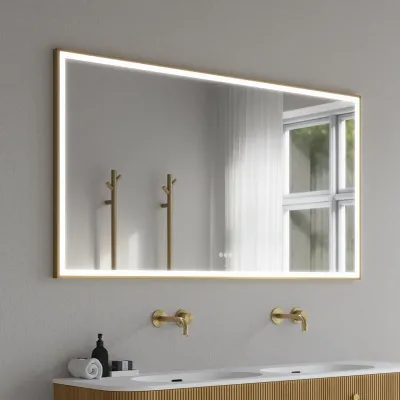 Pulcher Soho Mirror PSM-1480 - 140x80 cm. Speil med lys og lyskontroll, matt messingfarget ramme