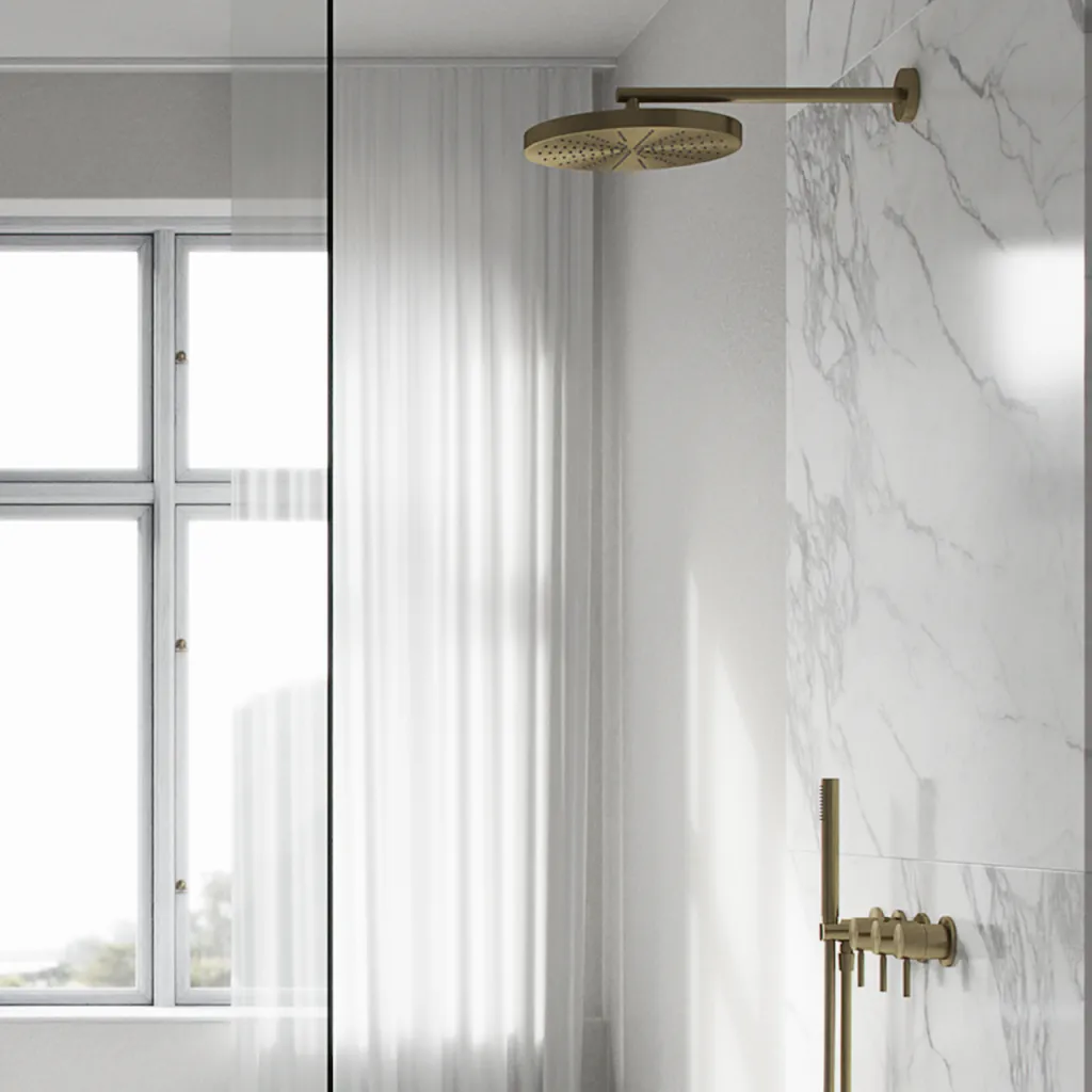 Semplice STB801 S02 - XXL Rain DeLux Ø28 cm, SmartTerm Vegg, PVD Børstet Messing