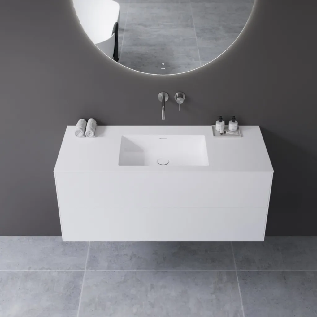 Copenhagen Chic 120 - MKII, Skap, 2 skuffer, vask og skap i Glacier White Corian® og fronter i matt hvit