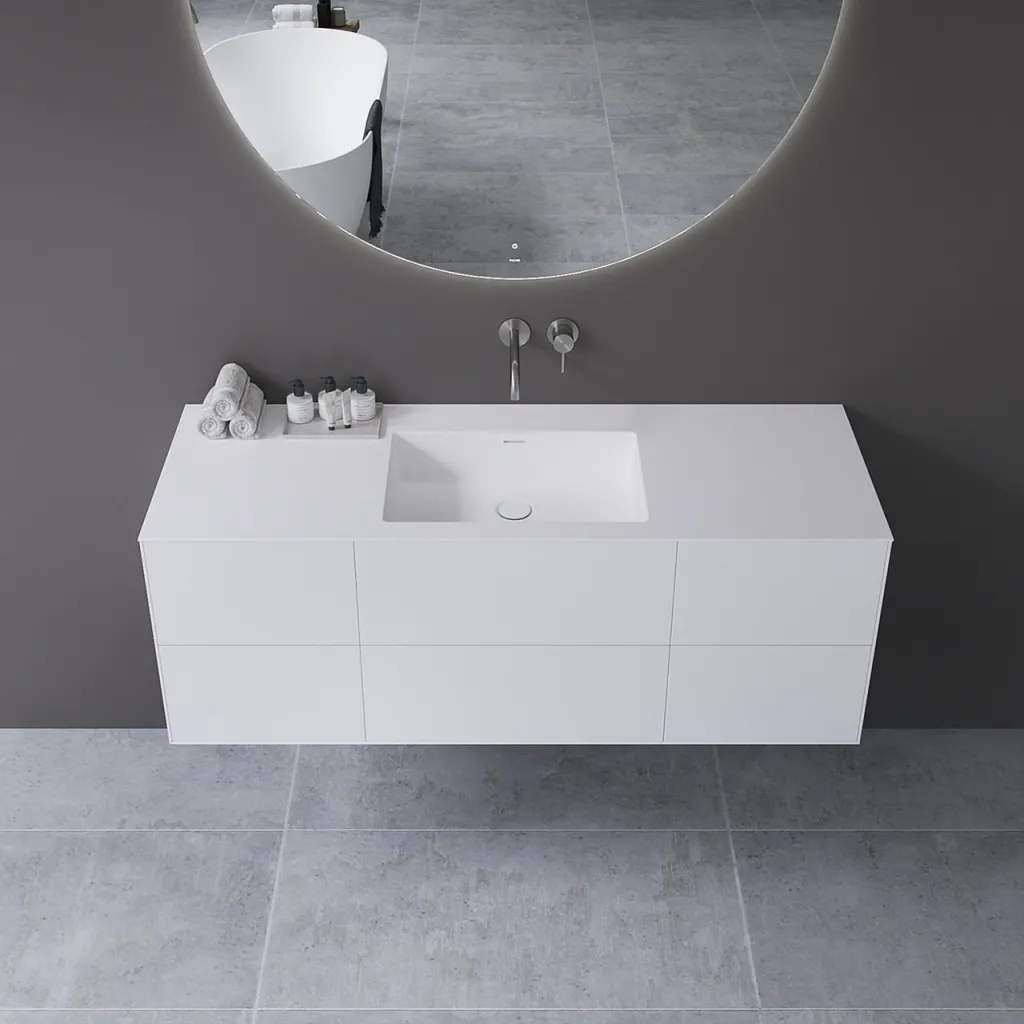 Copenhagen Chic 140 - MKII, Skap, 6 skuffer, vask og kabinett i Glacier White Corian® og fronter i matt hvit