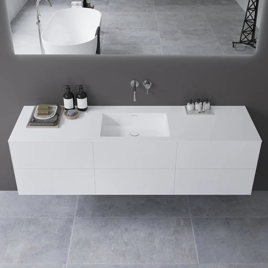 Copenhagen Chic 180 - MKII, Skap, 6 skuffer, vask og kabinett i Glacier White Corian® og fronter i matt hvit